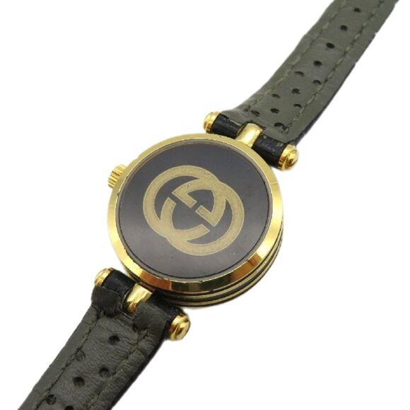 Gucci Vintage Y2K 18k Gold Plated GG Black Face Leather Band Dainty Stack Watch - Picture 6 of 9